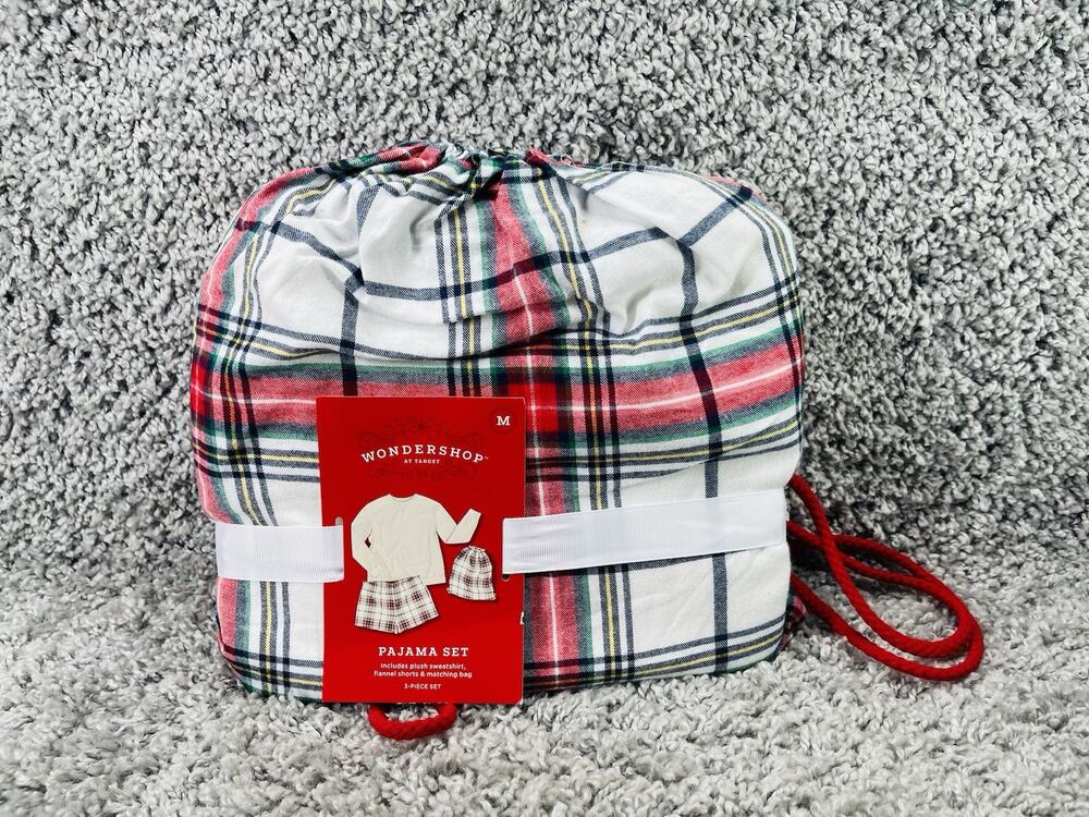 Wondershop Womens Plaid Pajama Set Three Piece Sleepwear M Shorts Sweatshirt